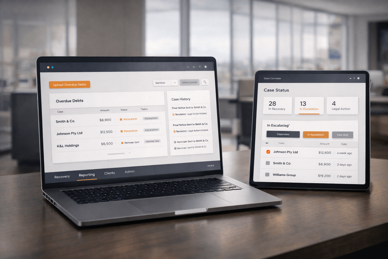 Debt Dash portal interface shown on desktop and tablet
